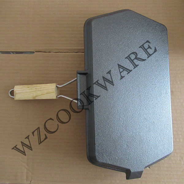 Rectangle Cast Iron Grill, Skillet Pan/ Foldable Wooden Handle