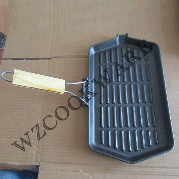 Rectangle Cast Iron Grill, Skillet Pan/ Foldable Wooden Handle